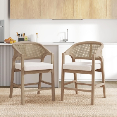 Set of 2 Wooden Counter Stools with Woven Rattan Back, Kitchen Island Stools for Contemporary Kitchens, 22'' L x 24.5'' W x 38'' H, Beige+Natural Ash
