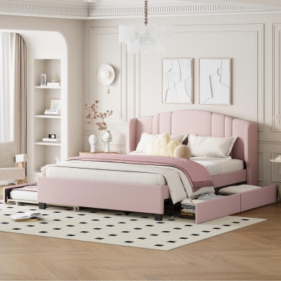 Upholstered Platform Bed with Wingback Headboard and Twin Trundle, Queen Size Bed Frame with Wooden Slat System, 86'' L x 65'' W x 43'' H, Pink