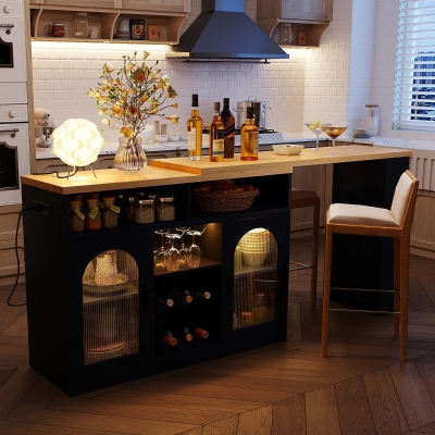 Multifunctional Bar Table with App-Controlled LED Lighting, Stylish Kitchen Island with Extendable Rolling Top, 47" L x 15.5" W x 36.5" H, Black+Natural