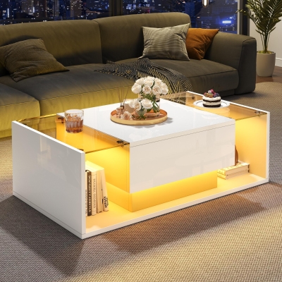 High-Gloss Coffee Table with Tempered Glass Storage, Compact Center Table with Semi-Open Shelf, 39.5″ L x 19.5″ W x 12″ H, White