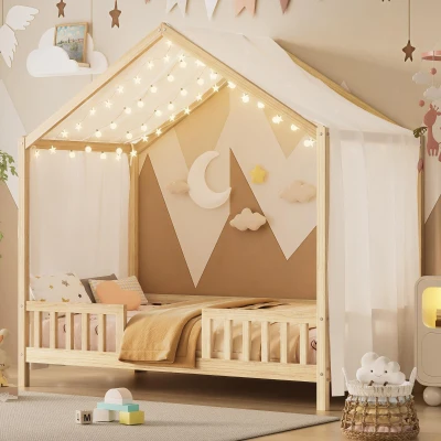 Twin House-Style Toddler Bed with Full Guardrails and DIY Canopy Frame, Montessori Floor Bed with Canopy, 78.5'' L x 41.5'' W x 78'' H, Natural