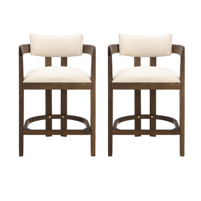 Counter-Height Bar Stools with Curved Solid-Wood Backrest, Upholstered Kitchen Stools with Wooden Legs, 22.5'' L x 24'' W x 36'' H, Beige+Walnut