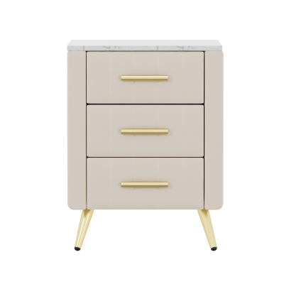 Upholstered Nightstand with 3 Drawers, Marble-Effect Top and Metal Legs, Beige Beside Table with Plywood Frame, 16.5'' L x 16.5'' W x 22'' H, Beige