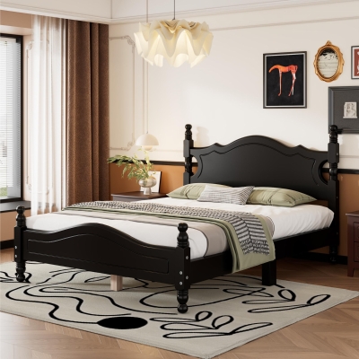 Full Size Platform Bed with 10 Wooden Slat and Wood-Finished Headboard, Unique Bed Frame for Vintage Décors, 80'' L x 56'' W x 39.5'' H, Black