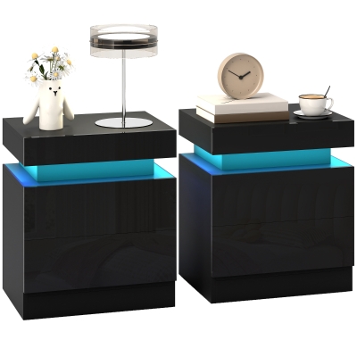 HOMCOM Nightstand Set of 2, End Side Tables with LED Lights, Bedside Tables with 2 Drawers, for Bedroom, Black