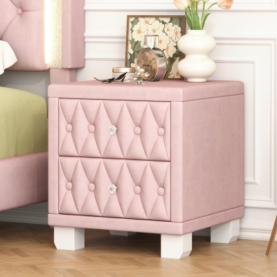 Elegant Velvet Nightstand with 2 Drawers and Crystal Handles, Soft Pink Beside Table with MDF and Storage Table, 18'' L x 18'' W x 20'' H, Pink