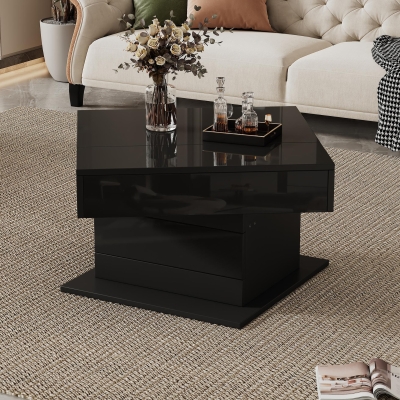 360° Rotating Lift-Top Coffee Table with Height-Adjustable Square Top, Modern Center Table with Hidden Storage, 27.5" L x 27.5" W x 17.5" H, Black
