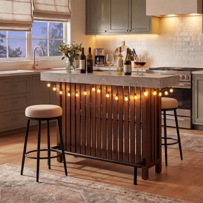 3-In-1 Dining Table with Marble-Grain MDF Top, Space-Saving Bar Table with Metal Footrest, 63" L x 15.5" W x 41" H, Brown