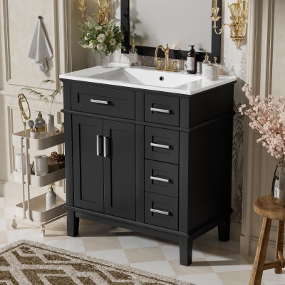 Free-Standing Bathroom Vanity with Ceramic Undermount/Drop-In Sink, Modern Storage Cabinet for Small Condos, 30'' L x 18'' W x 34'' H, Black