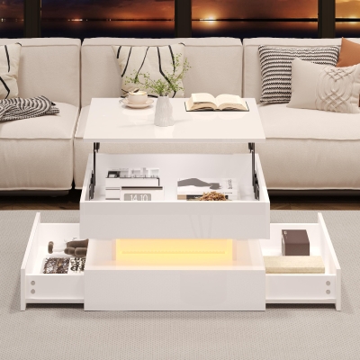 Lift-Top Coffee Table with App-Controlled LED Lighting and Liftable Top, Compact Center Table with 2 Drawers, 25.5" L x 25.5" W x 15" H, White
