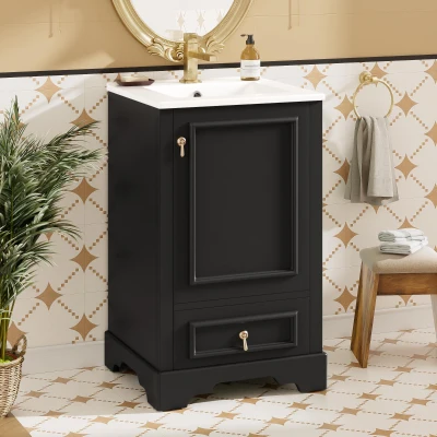 Stylish Bathroom Vanity with Ceramic Sink, Soft-Close Door & Drawer, Space-Saving Cabinet for Compact Washroom, 20'' L x 18.5'' W x 34'' H, Black