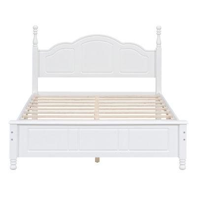 Full Size Wood Platform Bed with Wood-Finished Headboard, Retro-Style Bed Frame for Modern Condos, 80'' L x 56'' W x 43.5'' H, White