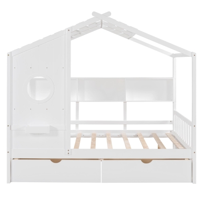 Full Size House Bed with Playful Pitched-Roof and Back Shelf, Wooden House Bed Frame with Sturdy Pine, 78'' L x 58'' W x 72'' H, White