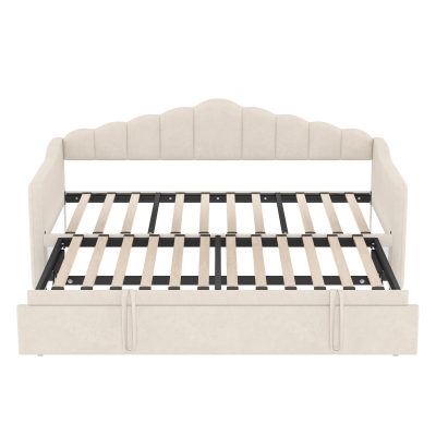 Upholstered Twin Size Daybed with Height-Adjustable Pop-Up Trundle, Lift-Up Trundle Bed with Type-C Charging Port, 82.5'' L x 41'' W x 40'' H, Beige