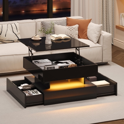 Lift-Top Coffee Table with App-Controlled LED Lighting and Liftable Top, Compact Center Table with 2 Drawers, 25.5" L x 25.5" W x 15" H, Black