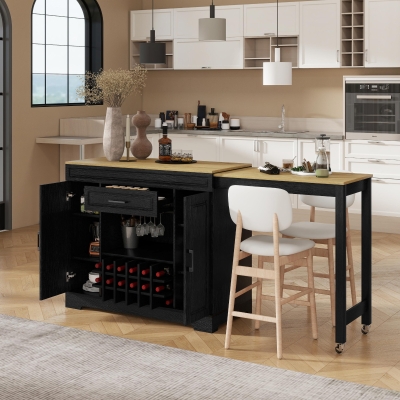 Expandable Bar Table with Adjustable Shelves and Rear Casters, Versatile Kitchen Counter with 2 Doors, 87.5″ L x 19.5″ W x 36″ H, Black+Natural