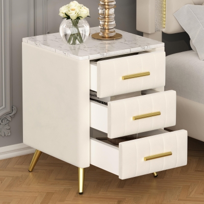 Upholstered Nightstand with 3 Drawers, Marble-Effect Top and Metal Legs, Beige Beside Table with Plywood Frame, 16.5'' L x 16.5'' W x 22'' H, Beige