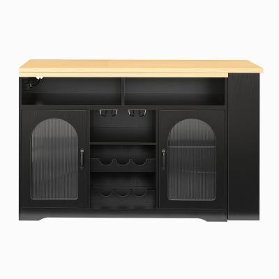 Multifunctional Bar Table with App-Controlled LED Lighting, Stylish Kitchen Island with Extendable Rolling Top, 47" L x 15.5" W x 36.5" H, Black+Natural