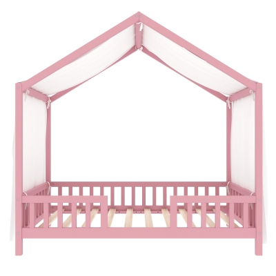 Twin-Size House-Style Toddler Bed Frame with 4-Sided High Railings, Montessori Floor Bed with Canopy, 78.5'' L x 41.5'' W x 78'' H, Pink