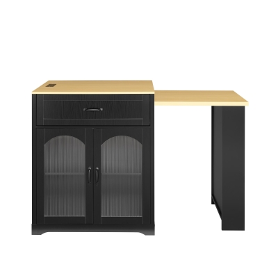 Practical Bar Table with Extendable Rolling Foldable Top, Solid Kitchen Island with Double-Sided Drawers, 82.5" L x 27.5" W x 38.5" H, Black+Natural
