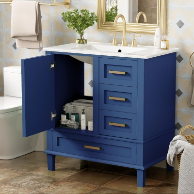 Free-Standing Bathroom Vanity with Ceramic Sink Combo, Modern Cabinet with Solid Wood Frame, 30'' L x 18.5'' W x 34'' H, Blue