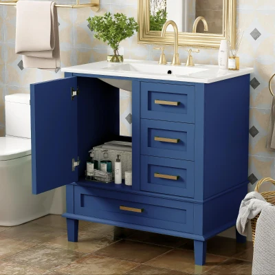 Free-Standing Bathroom Vanity with Ceramic Sink Combo, Modern Cabinet with Solid Wood Frame, 30'' L x 18.5'' W x 34'' H, Blue