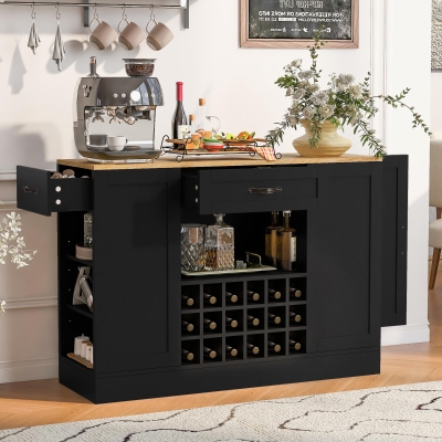 Modern Wine Bar Cabinet with Built-In Power Outlet, Versatile Sideboard with Adjustable Shelves, 47" L x 15.5" W x 34" H, Black+Natural
