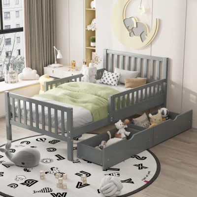 Twin Wood Platform Bed with 8 Slats & 2 Large Under-Bed Drawers, Solid Bed Frame for Children’s Rooms, 77.5'' L x 42'' W x 34.5'' H, Grey
