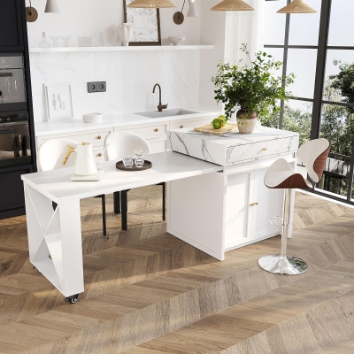 Modern Bar Table with 4-in-1 Extendable Pull-Out Table and Lockable Wheels, Kitchen Island with Adjustable Shelf, 82.5" L x 32.5" W x 28" H, White