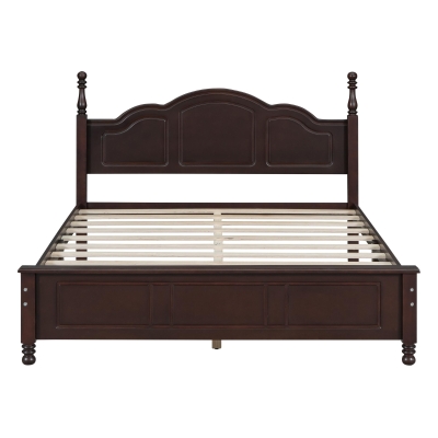 Queen Size Wood Bed with 10 Plywood Slats and Retro-Style Headboard, Modern Platform Bed with Warm Wood Finish, 85'' L x 62.5'' W x 43.5'' H, Walnut