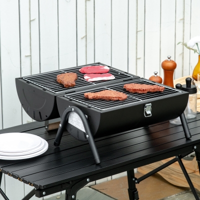 Outsunny Outdoor Charcoal BBQ Grill, Tabletop Folding Barbecue Grill with Handle, 17.3" x 9.8" x 14", Black