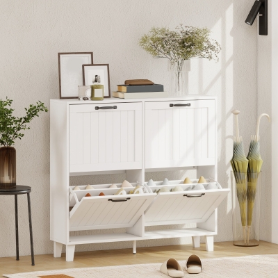 HOMCOM Shoe Cabinet with 4 Flip Drawers, Freestanding Narrow Shoe Storage Cabinet with Adjustable Shelves, Open Back, White