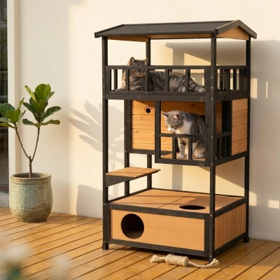 PawHut Wooden Outdoor Cat House, Yellow Feral Shelter Condo