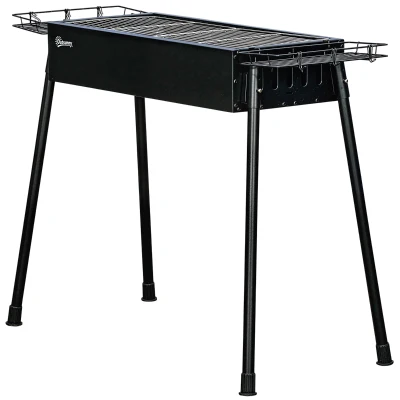 Outsunny Portable BBQ Grill, Charcoal Grill with Side Seasoning Baskets, Hooks and Nets for Outdoor, Picnic, Camping, Black