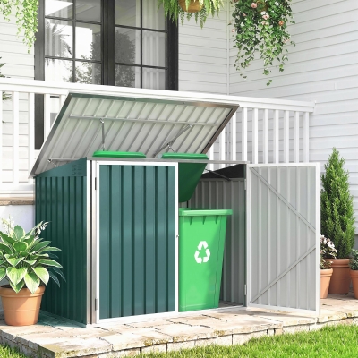 Outsunny Outdoor Steel Wheelie Trash Can, Storage Shed With Double Door & Lid Rubbish Cover for 2 Trash Cans
