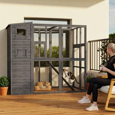 PawHut Wooden Outdoor Catio, Gray with Ramps & Platforms