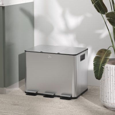 HOMCOM Triple Garbage Bin, Soft-Close Trash Can with Foot Pedal, 3 x 20 Liter Garbage Can with Removable Inner Buckets, Silver
