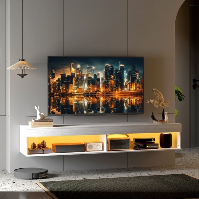 HOMCOM Modern Wall Mounted TV Stand with Storage and LED Lights for TVs up to 75", Floating TV Shelf for Living Room, White