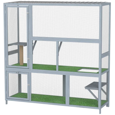 PawHut Catio Outdoor Cat Enclosure, 77" H Wooden Cat House with Weatherproof Roof, Platforms and Scratching Post
