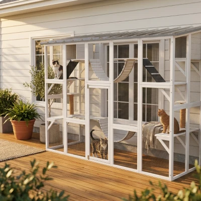 PawHut Large Outdoor Catio with Shelves, White