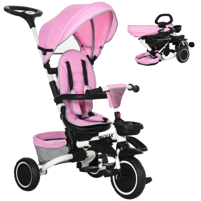 Aosom Tricycle for Toddler 6-in-1 Kids Trike, Foldable Converts Stroller to Baby Push Bike, Adjustable Backrest with Detachable Guardrail & Handle, Brake for 1-4 Years Old, Pink
