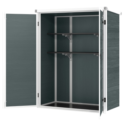 Outsunny Outdoor 4.4' x 2.3' Plastic Storage Shed with Lockable Doors and Foldable Shelves, Wood-Effect Garden Shed, Grey