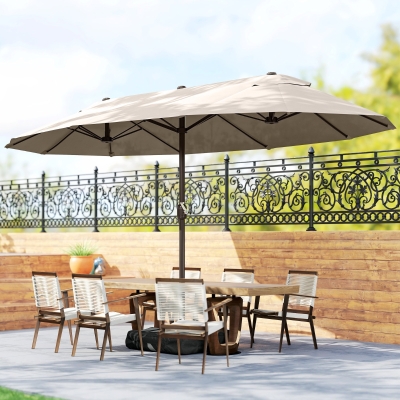 Outsunny 15' Outdoor Patio Umbrella with Twin Canopy Sunshade Steel Table Umbrella with Lift Crank, Cross base, Sandbag, Khaki