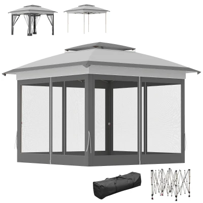 Outsunny 12' x 12' Pop Up Canopy Sun Shade Instant Tent Folding with Mesh Sidewalls, Grey