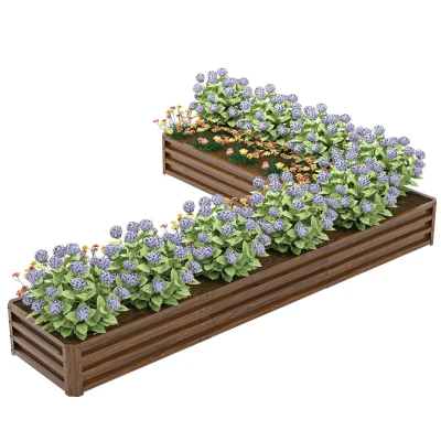 Outsunny L-Shaped Raised Garden Bed, 82" x 109" x 12" Galvanized Steel Planter Box with Multi-reinforced Rods for Vegetables, Flowers and Herbs, Dark Brown Wood Effect