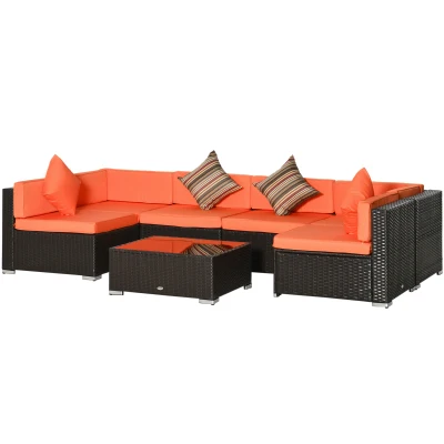 Outsunny 7 Pieces Patio Furniture Set, Rattan Conversation Set Garden Wicker Sofa Set with Washable Cushions and Coffee Table, for Deck Balcony Yard, Orange