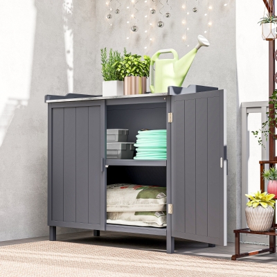 Outsunny Garden Storage Cabinet, Outdoor Potting Bench Table with Galvanized Top and Shelf, Tool Shed with Double Doors, Grey