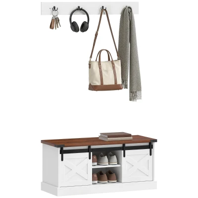 HOMCOM Coat Rack Shoe Bench Set 2-Piece Hall Tree Storage 4 Hooks Sliding Barn Doors White and Dk Walnut