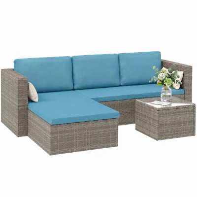 Outsunny 3-Piece Patio Furniture Set Modern Sectional Sofa Rattan Chair Wicker Conversation Set Outdoor Hand Woven Rattan Wicker Furniture Patio Coffee Table Sofa Set, Blue
