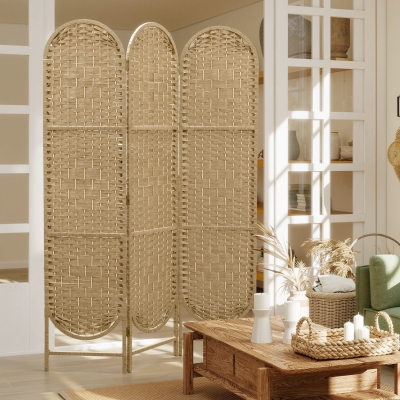 HOMCOM Bohemian Privacy Screen, Folding Room Divider with 3 Panels and Arched Top for Bedroom Living Room Office, Natural Wood